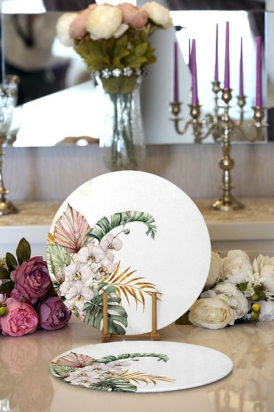 Realhomes 2-Piece Tropical Leaf Motif Digital Printed Decorative Round Plate & Placemat