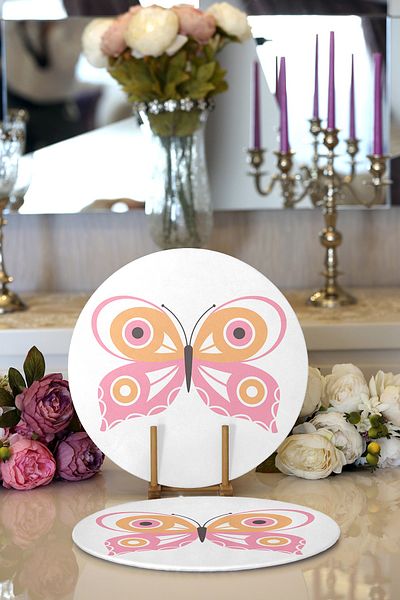 Realhomes 2-Piece Pink Butterfly Design Digital Printed Decorative Round Charger & Placemat