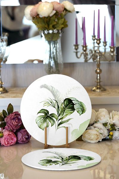 Realhomes 2-Piece Green Tropical Leaf Motif Digital Printed Decorative Round Plate & Placemat