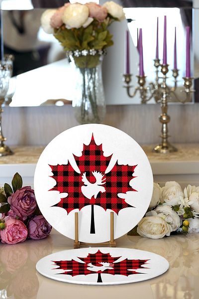 Realhomes 2-Piece Plaid Leaf Design Digital Printed Decorative Round Plate & Placemat