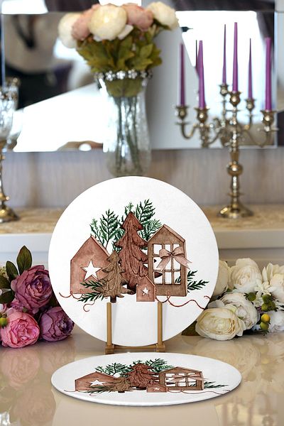 Realhomes 2-Piece Wooden Pine Tree Design Digital Printed Modern Round Plate & Placemat