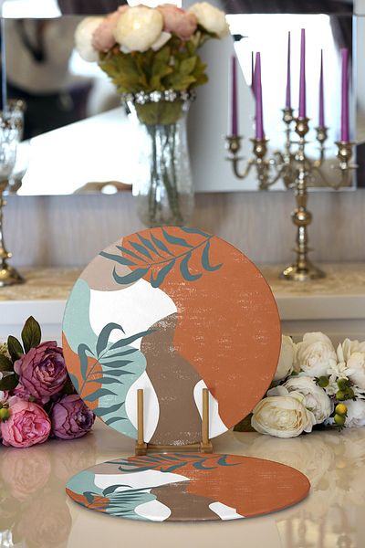 Realhomes 2-Piece Colorful Floor Leaf Motif Digital Printed Modern Round Plate & Placemat