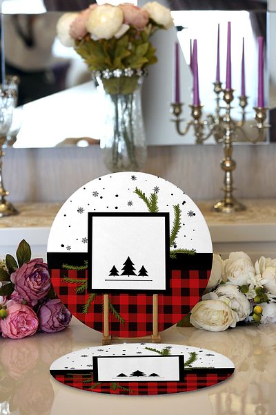 Realhomes 2-Piece Black White & Plaid Motif Digital Printed Modern Round Plate & Placemat