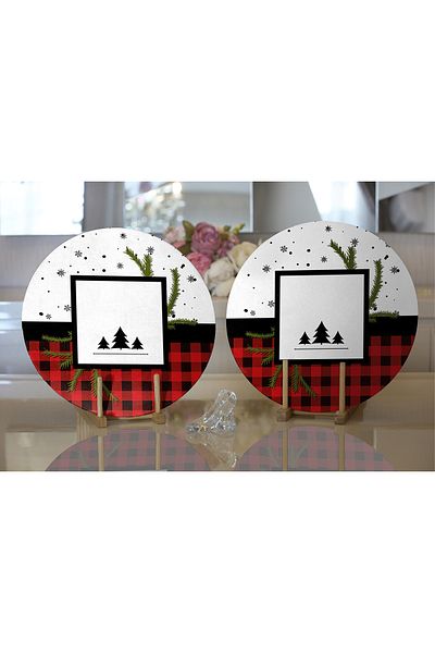 Realhomes 2-Piece Black White & Plaid Motif Digital Printed Modern Round Plate & Placemat