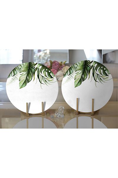 Realhomes 2-Piece Green Tropical Leaf Motif Digital Printed Modern Round Plate & Placemat