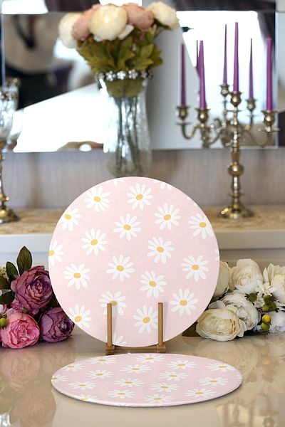 Realhomes 2-Piece Pink Floor Daisy Design Digital Printed Decorative Round Plate & Placemat