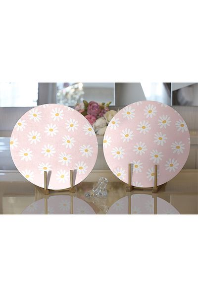 Realhomes 2-Piece Pink Floor Daisy Design Digital Printed Decorative Round Plate & Placemat