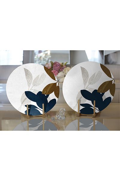 Realhomes 2-Piece Special Design Leaf Motif Digital Printed Modern Round Plate & Placemat