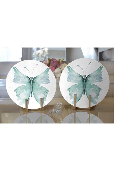 Realhomes 2-Piece White Floor Blue Butterfly Motif Digital Printed Decorative Round Plate & Placemat