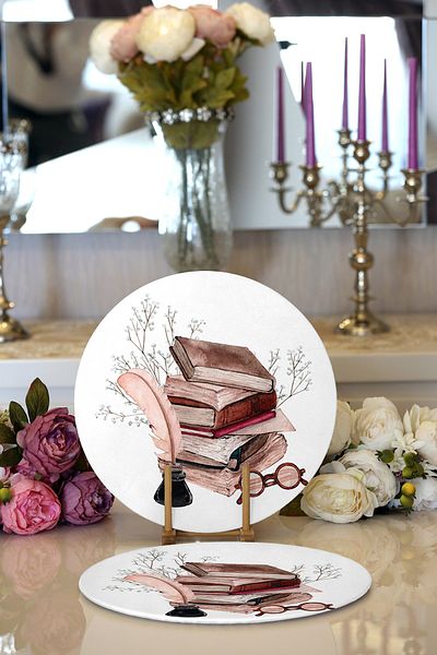 Realhomes 2-Piece Retro Notebook & Feather Pen Design Digital Printed Modern Round Charger & Placemat