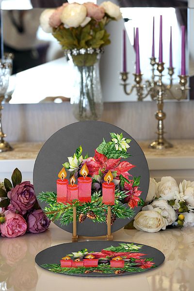 Realhomes 2-Piece Gray Floor Pine Leaf Candle Design Digital Printed Decorative Round Charger & Placemat