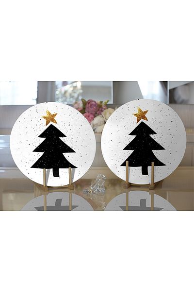 Realhomes 2-Piece White Floor Black Pine Tree Drawing Digital Printed Decorative Round Plate & Placemat