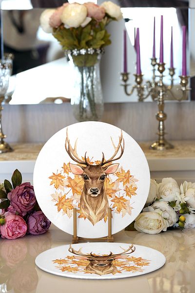 Realhomes 2-Piece Gold Leaf Detailed Deer Design Digital Printed Decorative Round Charger & Placemat