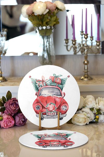 Realhomes 2-Piece Christmas Themed Car Design Digital Printed Modern Round Charger & Placemat