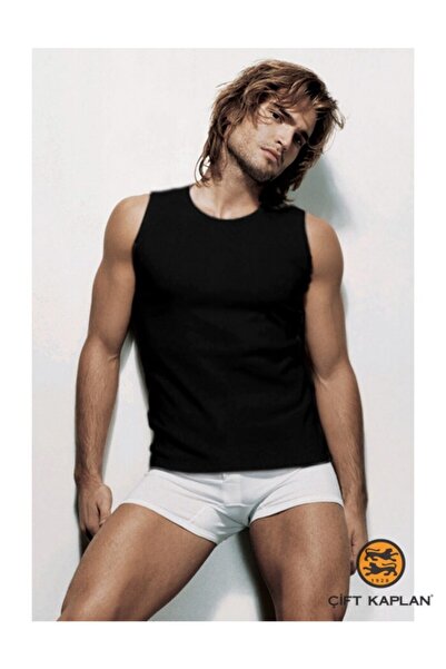 Çift Kaplan Erkek Ribana Kolsuz Spor Siyah Atlet 0920