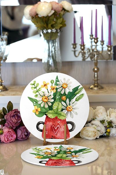 Realhomes 2-Piece Pastel Colored Flower Design Digital Printed Decorative Round Plate & Placemat
