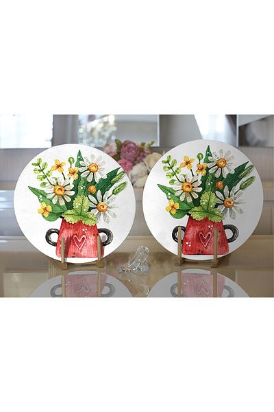 Realhomes 2-Piece Pastel Colored Flower Design Digital Printed Decorative Round Plate & Placemat