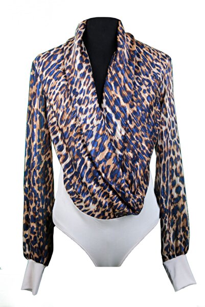 pimood Lacivert Leopar Desenli Uzun Kollu Bluz Body