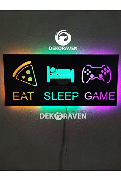 dekoraven Gamer Led Işıklı Ahşap Tablo - Eat Sleep Game