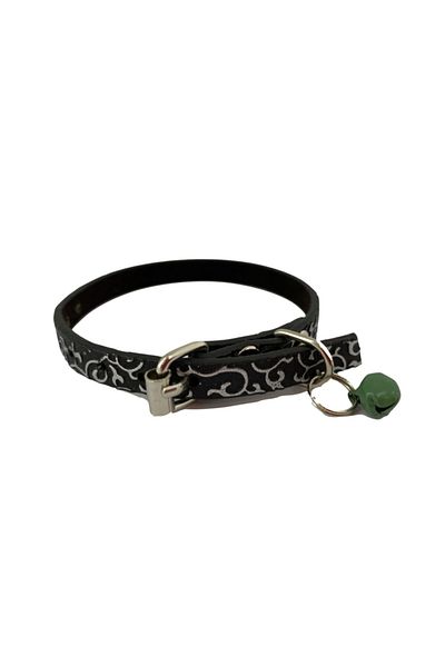 Elite Black Color Silver Patterned Leather Cat Collar with Bell