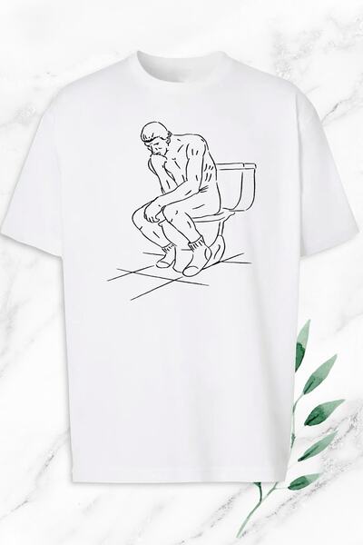 perseusshopping Oversize kroj Skulptura Razmišljajućeg Čoveka Štampano Bela M...