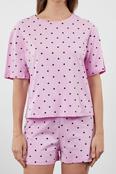 Trendyol Collection Ροζ 100% βαμβακερό μοτίβο καρδιάς με σορτς πλεκτό σετ πιτζάμα THMSS21PT1485