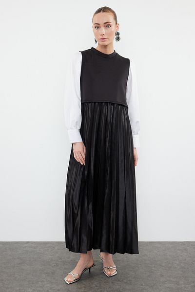 Trendyol Modest Černá sukně plisovaná pletená saténová vložka bez rukávů vnitřní šaty TCTSS24EB00245