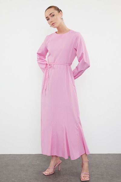 Trendyol Modest Βαμβακερό ροζ ζωσμένο φόρεμα - TCTSS24EB00168