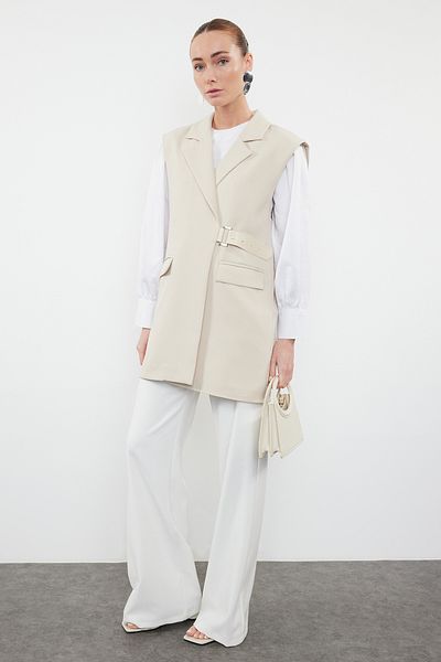 Trendyol Modest Dark Beige Woven Vest - Half Belt Closure TCTAW23YL00006