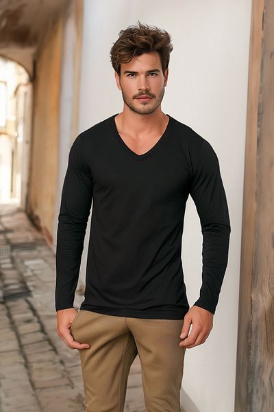 Trendyol Collection Μαύρο μακρυμάνικο μπλουζάκι με λαιμόκοψη V - κανονική εφαρμογή TMNAW21TS0198
