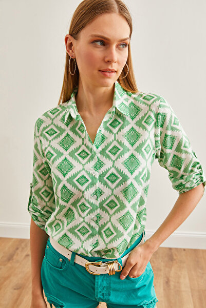 Olalook Green Linen Shirt - Diamond Pattern, Sleeve Folded, GML-19000825