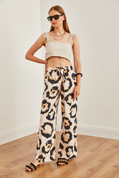 Olalook Kadın Leopar Taş Desenli Cupra Palazzo Pantolon PNT-19000283