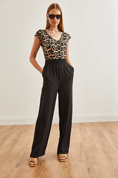 Olalook Kadın Siyah Cepli Yüksek Bel Kalın Bantlı Ayrobin Pantolon PNT-19000281