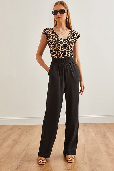 Olalook Schwarze Damenhose mit hoher Taille und dickem Bund - Tasche Ayrobin PNT-19000281