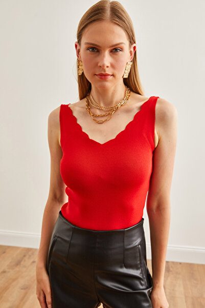 Olalook Red V-Neck Knitwear Women's Blouse - BLZ-19002668