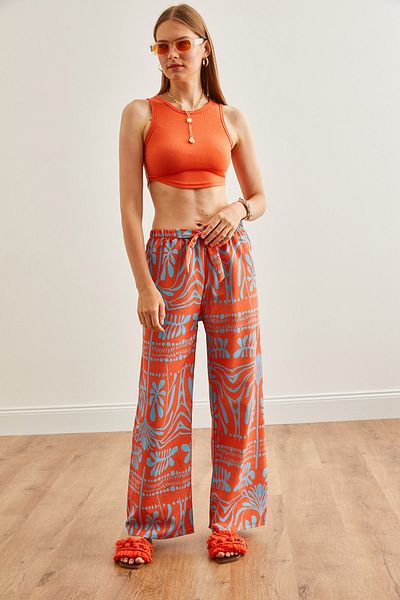 Olalook Orange Blue Patterned Linen Women's Palazzo Trousers - PNT-19000284