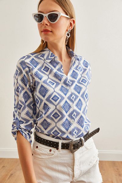 Olalook Dámská plátěná košile Baklava Navy Blue s rukávem GML- 19000825