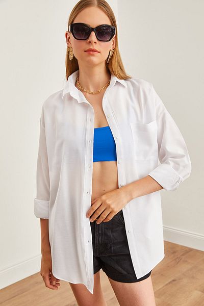 Olalook Bílá oversize dámská košile s jednou kapsou - GML-19001220
