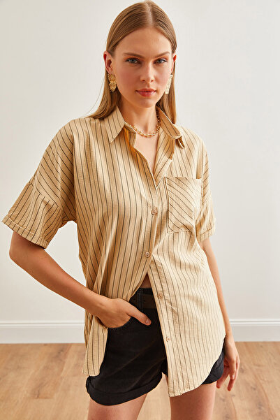 Olalook Μπεζ ριγέ γυναικείο πουκάμισο μονής τσέπης - GML-19001223