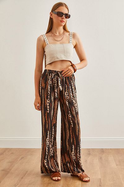 Olalook Leopard Patterned Viscose Palazzo Women's Trousers - Brown, PNT-19000282