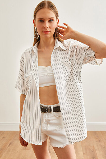 Olalook Λευκό ριγέ γυναικείο πουκάμισο μονής τσέπης - GML-19001223