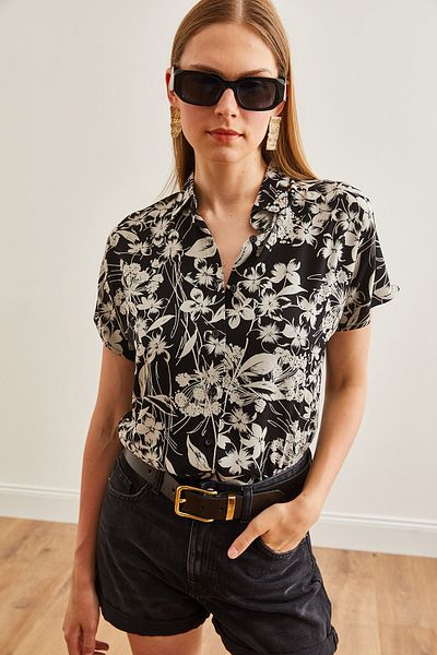 Olalook Cămașă de damă, alb-negru, cu vol floral, din viscoză, GML- 19001222