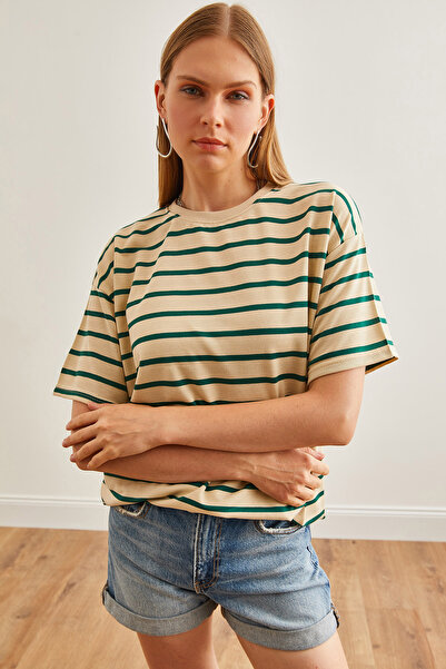 Olalook Πέτρινο πράσινο ριγέ γυναικείο μπλουζάκι oversize - TSH-19000824