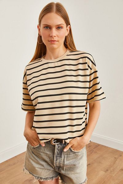 Olalook Tricou supradimensionat cu dungi Stone Black pentru femei - TSH-19000824