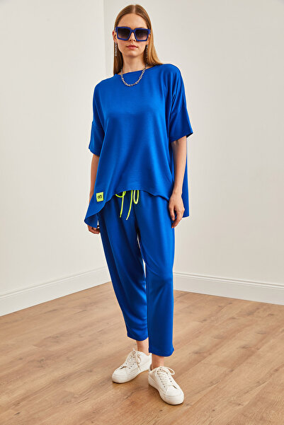 Olalook Saks Blue Asymmetrical Blouse and Soft Texture Crystal Suit - TKM-19000269