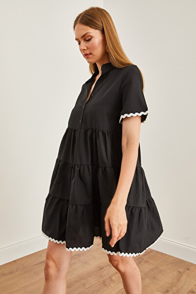 Olalook Black Mini Dress - Suilt Detailed and Buttoned ELB-19002194