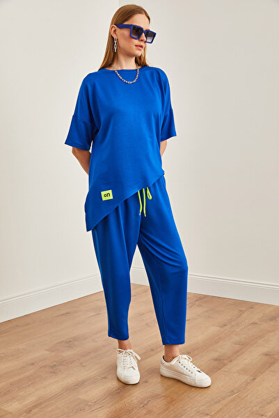 Olalook Синя асиметрична блуза Saks і м'який фактурний кристалічний костюм TKM19000269