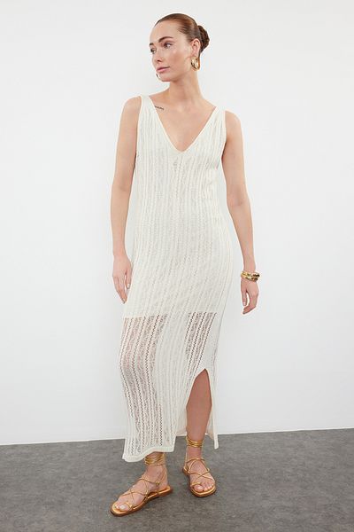 Trendyol Collection V-Neck Ecru Knitwear Dress - Openwork/Hole TWOSS24EL01105