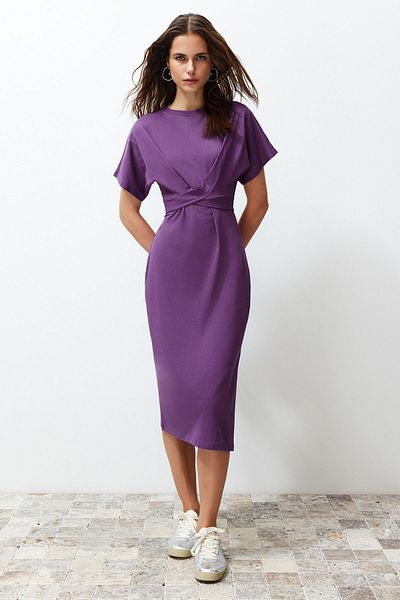 Trendyol Collection Rochie creion tricotată midi, mov, 100% bumbac, așezată în talie, cu cravată și detaliu TWOSS21EL0404