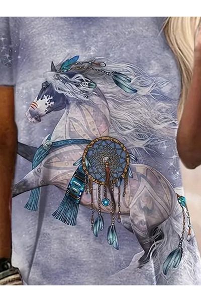 JANES Women's Short Sleeve Crew Neck Mythological Horse Figure Printed Loose Single Jersey Blouse